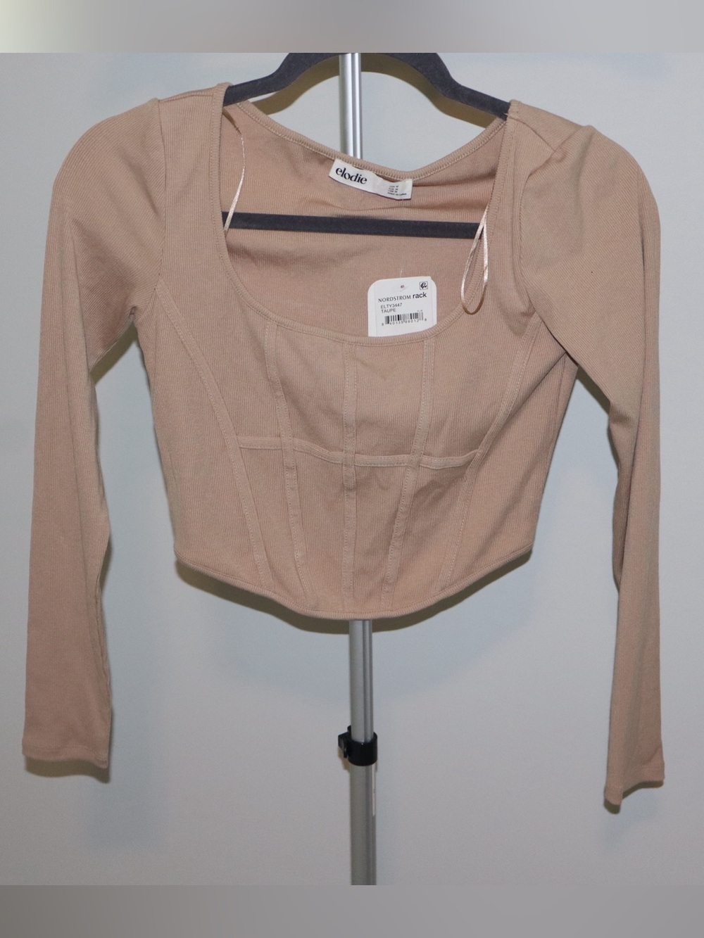 Elodie Beige Long Sleeve Scoop-Neck Crop Top